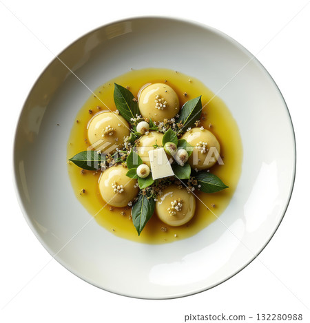Delicious handmade morel mushroom tortellini pasta in wild garlic butter sauce topped with shaved gruyere on plate 132280988