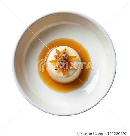 Elegant nutmeg cremeux dessert with pear and caramel sauce. tempting gourmet food presentation in white bowl Elegant nutmeg cremeux dessert with pear and caramel sauce. tempting gourmet food presentation in white bowl 132280992