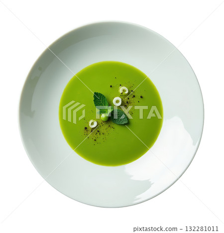 Refreshing gourmet green pea and mint soup. This delicious veloute dish healthy appetizer for fine dining meal Refreshing gourmet green pea and mint soup. This delicious veloute dish healthy appetizer for fine dining meal 132281011