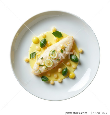 Elegant poached dover sole fish with lemon sauce. Gourmet dinner dish for fine dining, appetizing and fresh food 132281027