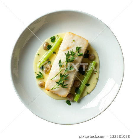 Elegant gourmet dish of poached halibut in tarragon beurre blanc sauce with fresh celery, very fine meal 132281028
