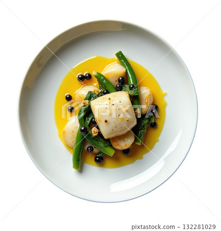 Elegant gourmet dish of poached monkfish seafood with flavorful lemongrass beurre blanc and fresh bok choy meal 132281029