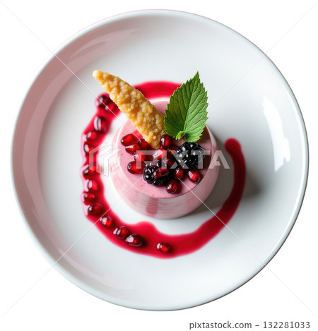 Gourmet pomegranate and blackberry mousse dessert with fresh mint. An elegant and delicious sweet food presentation Gourmet pomegranate and blackberry mousse dessert with fresh mint. An elegant and delicious sweet food presentation 132281033