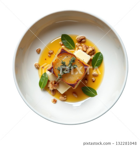 Elegant roasted jerusalem artichoke terrine with caramelized pear, smoked cheddar and delightful walnut jus Elegant roasted jerusalem artichoke terrine with caramelized pear, smoked cheddar and delightful walnut jus 132281048