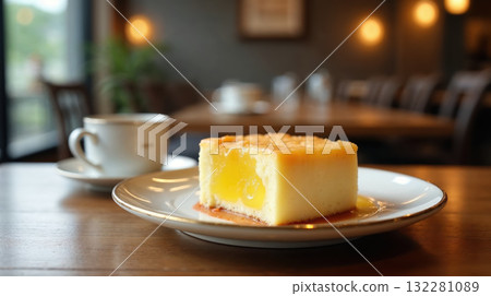 Relaxing sweet pudding dessert on plate with coffee at cafe. delicious treat on wooden table for teatime break Relaxing sweet pudding dessert on plate with coffee at cafe. delicious treat on wooden table for teatime break 132281089