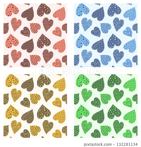 Hand-drawn heart seamless pattern (4-color set) 132281134