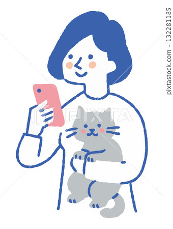 A woman holding a cat and looking at her smartphone_Color A woman holding a cat and looking at her smartphone_Color 132281185