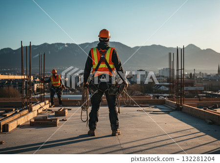 Rear view of construction workers working at a high-rise building construction site 132281204