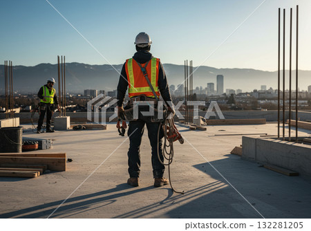 Rear view of construction workers working at a high-rise building construction site 132281205