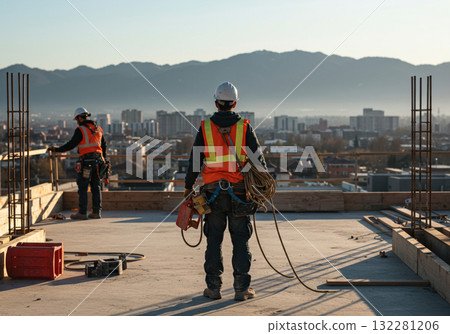 Rear view of construction workers working at a high-rise building construction site 132281206