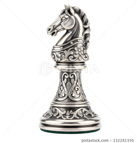 Powerful silver knight chess piece, an ornate craft of elegant and intricate design for strategic classic board game 132281350