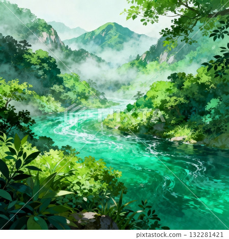 Clouds flowing through the green mountains and rivers 132281421