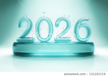 Bright and shining numbers 2026 are displayed, made of transparent glass and surrounded by bubbles. This festive design symbolizes the upcoming Christmas and New Year's celebration. 132281519