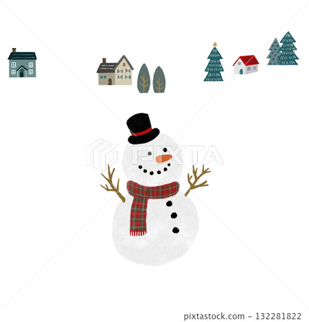 Illustration set of a winter landscape with Scandinavian-style houses and trees and a snowman 132281822