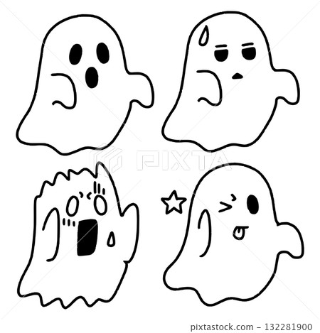 Cute ghost facial expression illustration set - line drawing 132281900