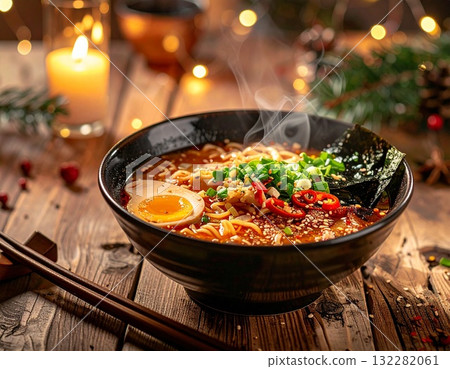 A winter meal image of steaming hot ramen noodles on a wooden table, captured from a high angle 132282061