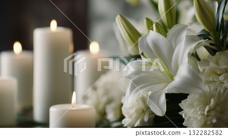 Elegant white chrysanthemums and candles background for memorials and memorial services 132282582