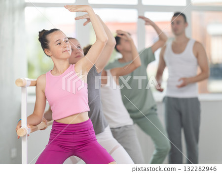 Teenage girl practicing plie position of ballet during choreography classes Teenage girl practicing plie position of ballet during choreography classes 132282946