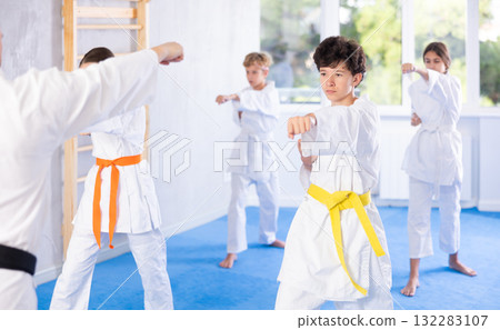 Group of children train karate techniques 132283107