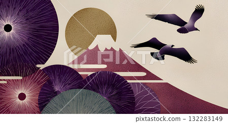 富士山與鷹的日本風格繪畫 132283149