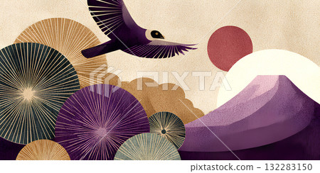 富士山與鷹的日本風格繪畫 132283150