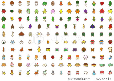 A set of hand-drawn character-style icons of vegetables, fruits, sweets, and dishes A set of hand-drawn character-style icons of vegetables, fruits, sweets, and dishes 132283317