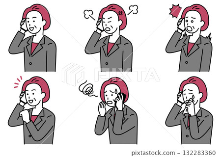 Set of middle-aged women in suits talking on smartphones 132283360