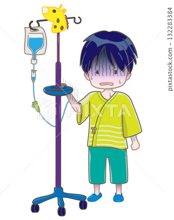A pale, bloodless child standing with an IV drip 132283384