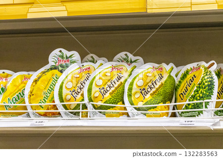 Supermarket aisles shelves full of durian fruit products Thailand. Supermarket aisles shelves full of durian fruit products Thailand. 132283563