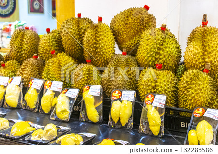 Supermarket aisles shelves full of durian fruit products Thailand. Supermarket aisles shelves full of durian fruit products Thailand. 132283586