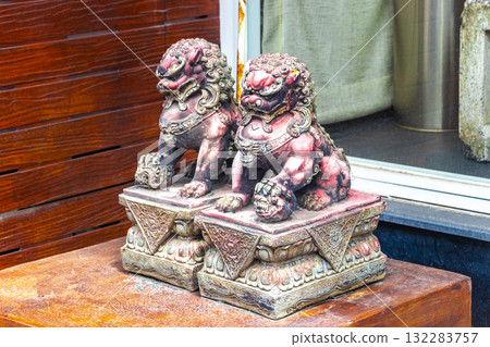 Chinese lion dragon statue statues sculptures in Phuket Thailand. Chinese lion dragon statue statues sculptures in Phuket Thailand. 132283757