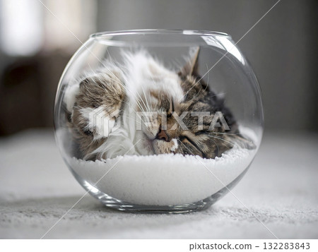 人工智慧生成的貓在金魚缸裡睡覺的圖像 132283843