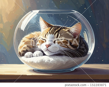 人工智慧生成的貓在金魚缸裡睡覺的圖像 132283871
