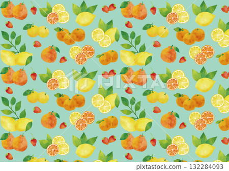 Watercolor winter citrus fruits (strawberry, yuzu, dekopon, lemon, mandarin orange) 132284093