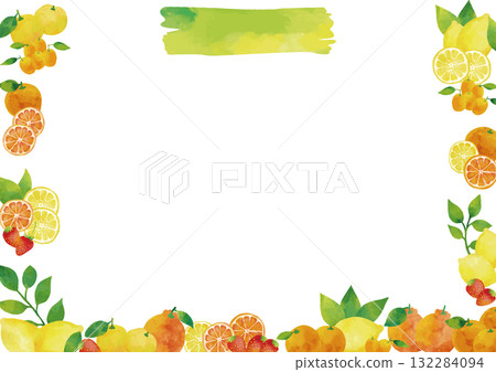 Watercolor winter citrus fruits (strawberry, yuzu, mandarin orange, lemon, dekopon, kumquat) frame 132284094