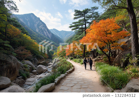 Vibrant Autumn Foliage and Majestic Rocky Peaks of Seoraksan National Park in South Korea 132284312