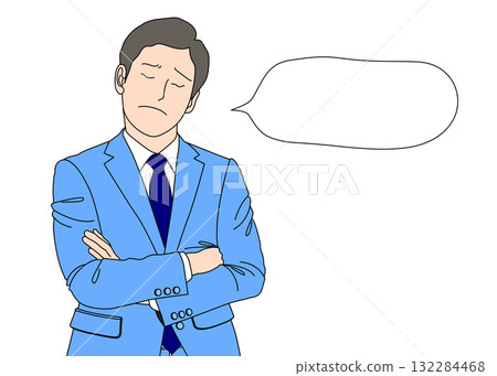 Illustration of a businessman thinking with his arms folded and a speech bubble mark in color 132284468