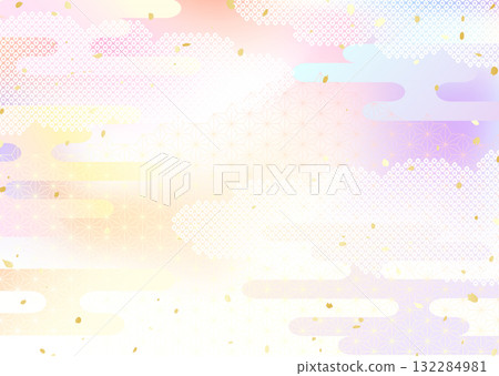 A Japanese-style background illustration combining the gradation of the evening sky with traditional Japanese patterns 132284981