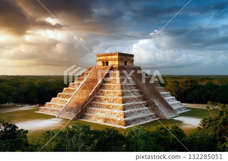Ancient Mayan Ruins of Chichen Itza with Pyramid Temple Surrounded by Clear Sky and Lush Greenery in Mexico 132285051