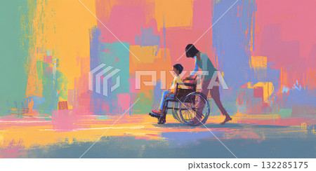 Gentle Caregiver and a wheelchair user (oil painting) 132285175