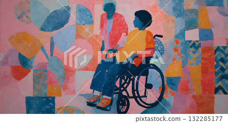 Gentle Caregiver and a wheelchair user (oil painting) 132285177