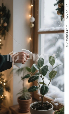 Hands spraying mist onto indoor potted plants in the winter sunshine 132285246