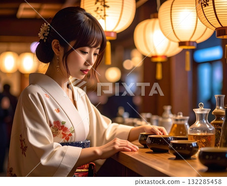 A woman in a kimono and a counter 132285458