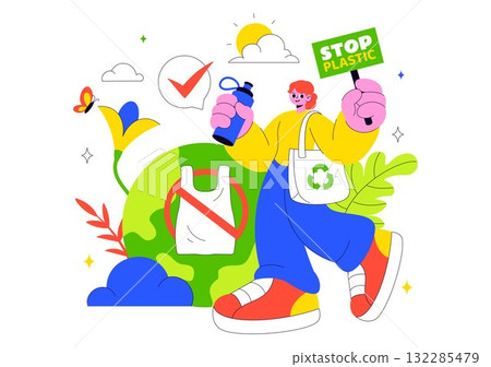 Plastic Waste Reduction Vector Illustration Featuring Waste Minimization, Organic Garbage Management, And Environmental Awareness Campaign Background 132285479