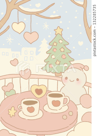 A cute Christmas illustration of a snowman and cafe time 132285735