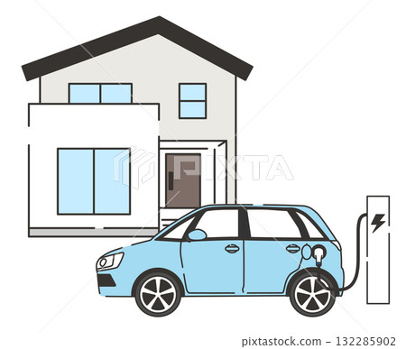 一輛環保電動車在房子前充電 132285902