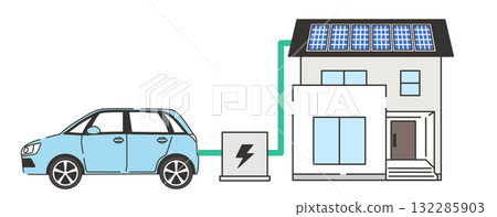V2H 連接電動車和太陽能住宅的示意圖 132285903
