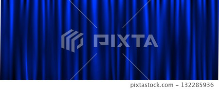 Royal blue velvet curtain background. Closed curtains backdrop for theater stage or cinema, circus. Fabric drapery wallpaper for award, show, performance. Vector navy textile room scene banner concept 132285936