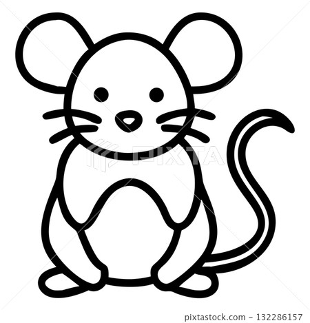 Outlined mouse sits upright displaying its long tail and cute features 132286157