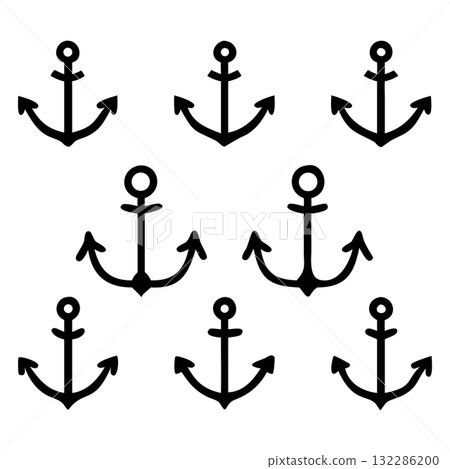 Seven black anchor symbols are neatly arranged in a grid pattern on a white backdrop 132286200
